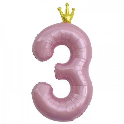 Шар фольгированный Цифра "3" Золотая корона, Розовый 40''